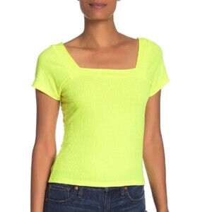 Good Luck Gem Women's Ribbed Square Neck Tee Shirt In Neon Yellow Size S